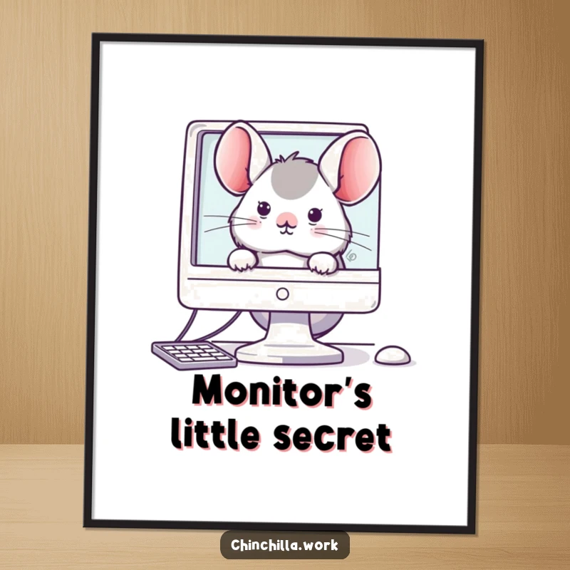 Funny digital art print of a kawaii office chinchilla peeking from behind a computer monitor, full of adorable workplace humor.