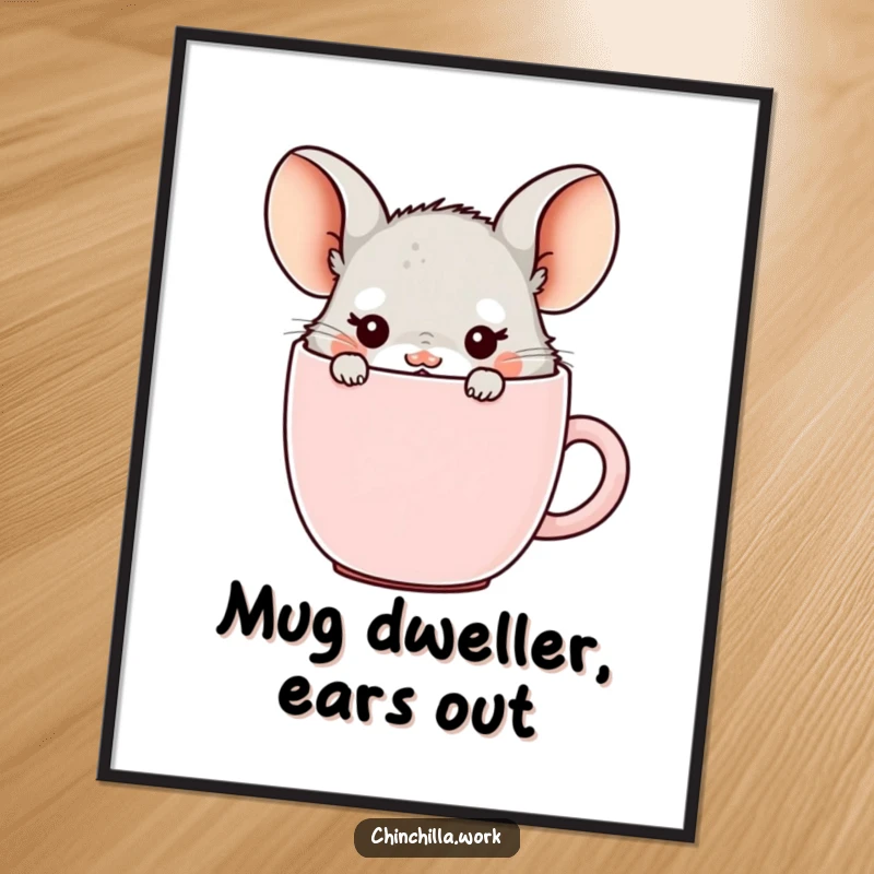 Funny office chinchilla digital art print, hiding in a coffee mug with ears showing, offering instant cute and humorous decor.