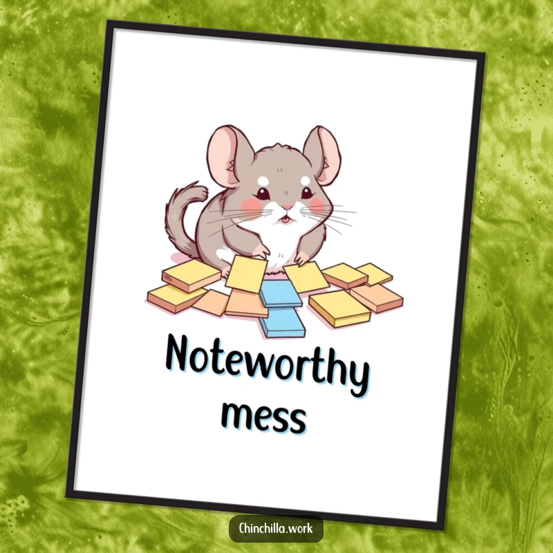 Funny chinchilla digital art print showing a rodent comically trying to organize scattered sticky notes, perfect for relatable humor.
