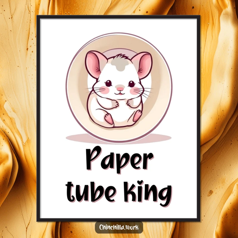 Funny digital art print of a kawaii office chinchilla gleefully rolling inside an empty printer paper roll.