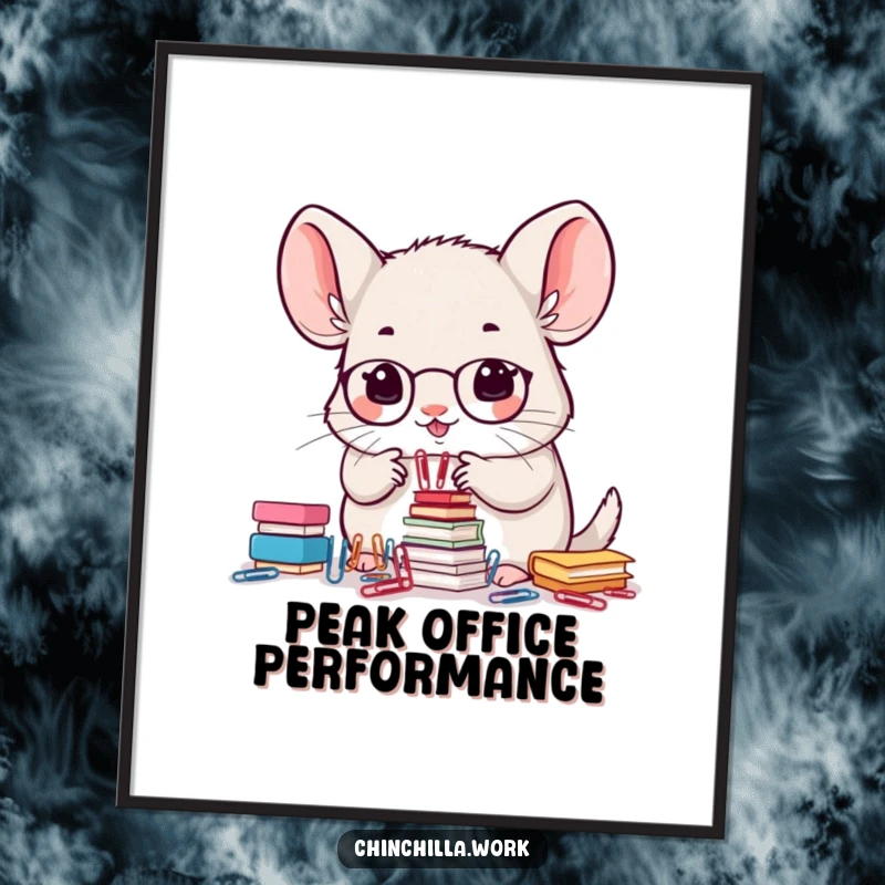 Funny digital art print of a kawaii office chinchilla meticulously stacking small paperclips with absolute precision.