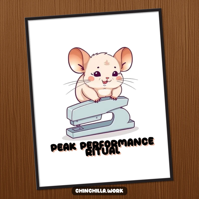Funny Chinchilla Digital Art Print of a chinchilla balancing on a stapler, perfect for a daring and humorous space.