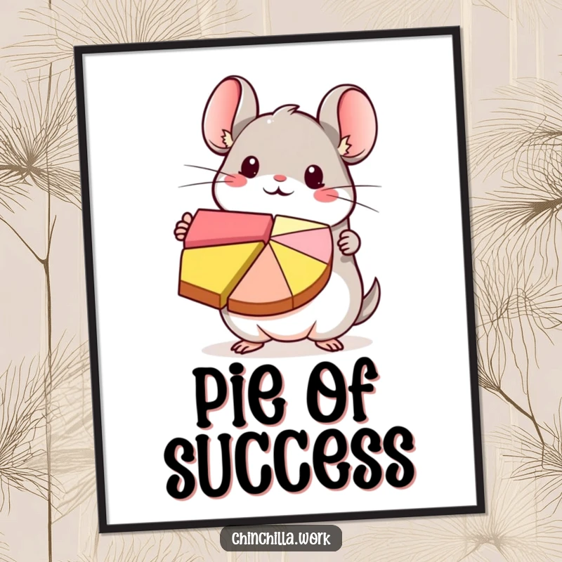 Funny kawaii chinchilla character enthusiastically presenting a colorful pie chart, depicted as charming digital art for data-themed decor.