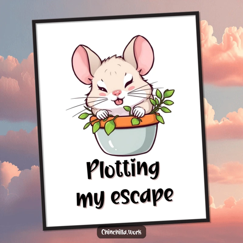 Funny Chinchilla with a mischievous grin hiding behind a plant, a fun printable wall art design for playful rooms.