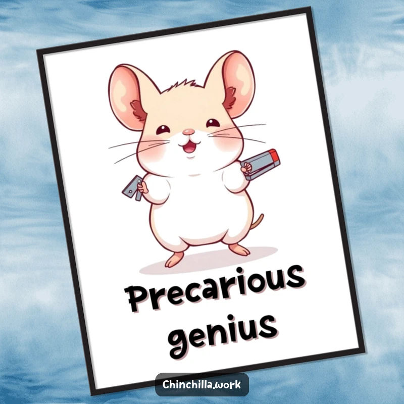 Funny digital art print of a chinchilla juggling staplers with impressive balance, capturing quirky talent and office humor.