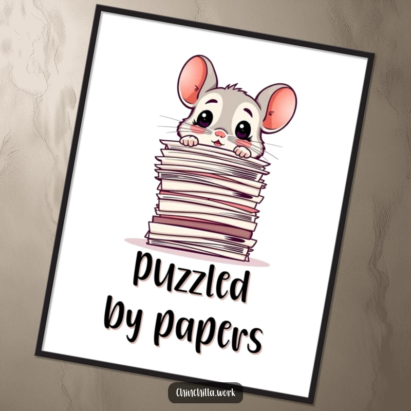 Funny Digital Art Print: Surprised chinchilla peeking over a towering stack of papers, expressing bewilderment and office stress humorously.