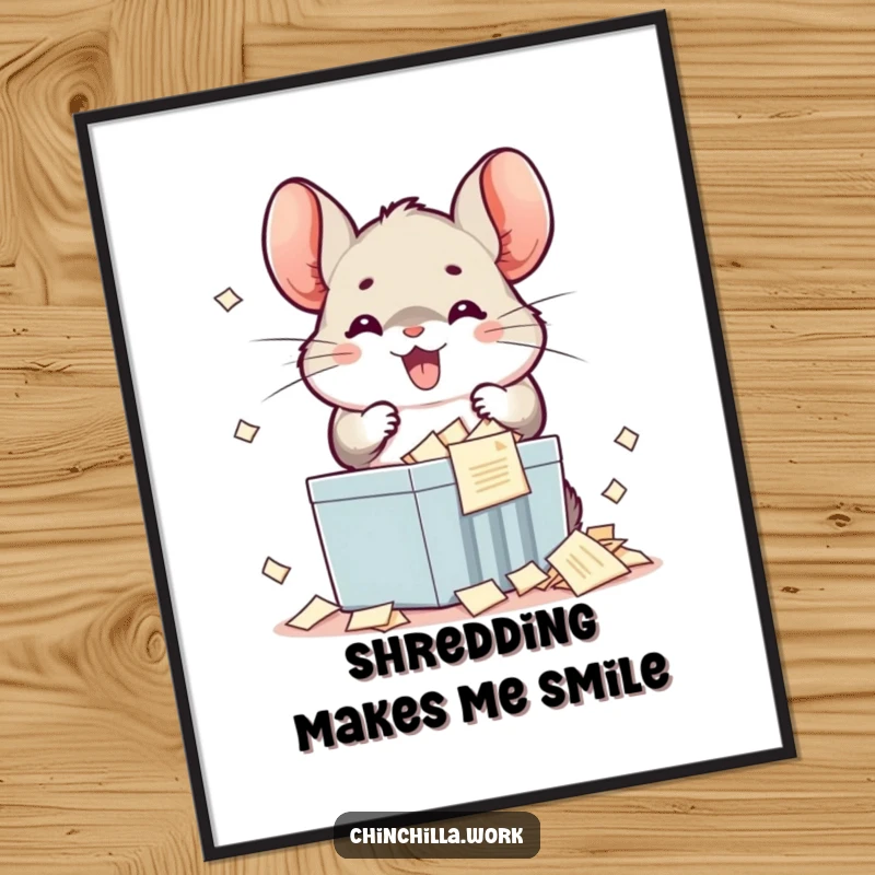 Funny kawaii chinchilla digital art print of a happy character enthusiastically shredding documents, perfect for instant humorous wall decor.