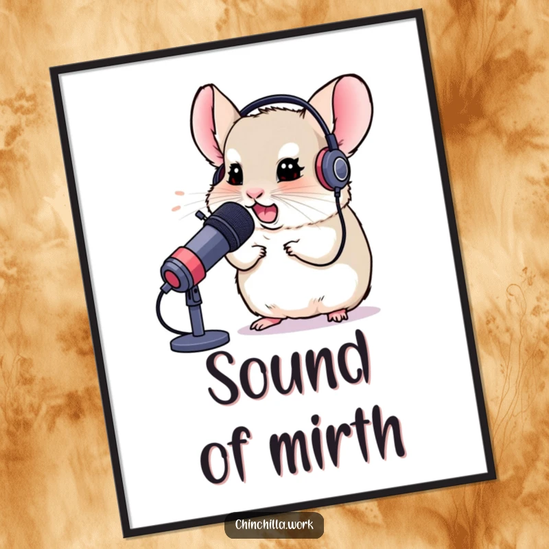 Funny digital art print of a chinchilla wearing a headset, chuckling into a microphone, ideal for gamer decor and visual humor.
