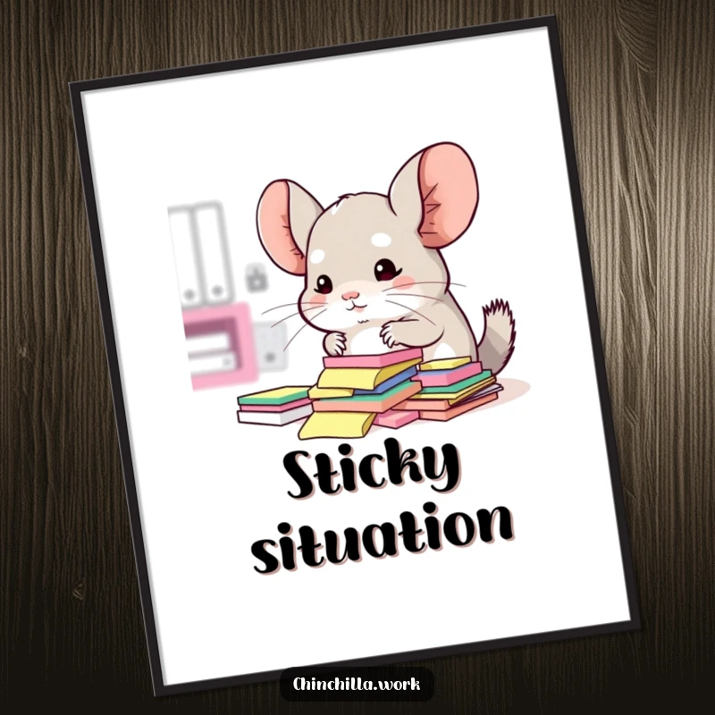 Funny digital art print of a kawaii office chinchilla surrounded by sticky notes, trying to organize them.