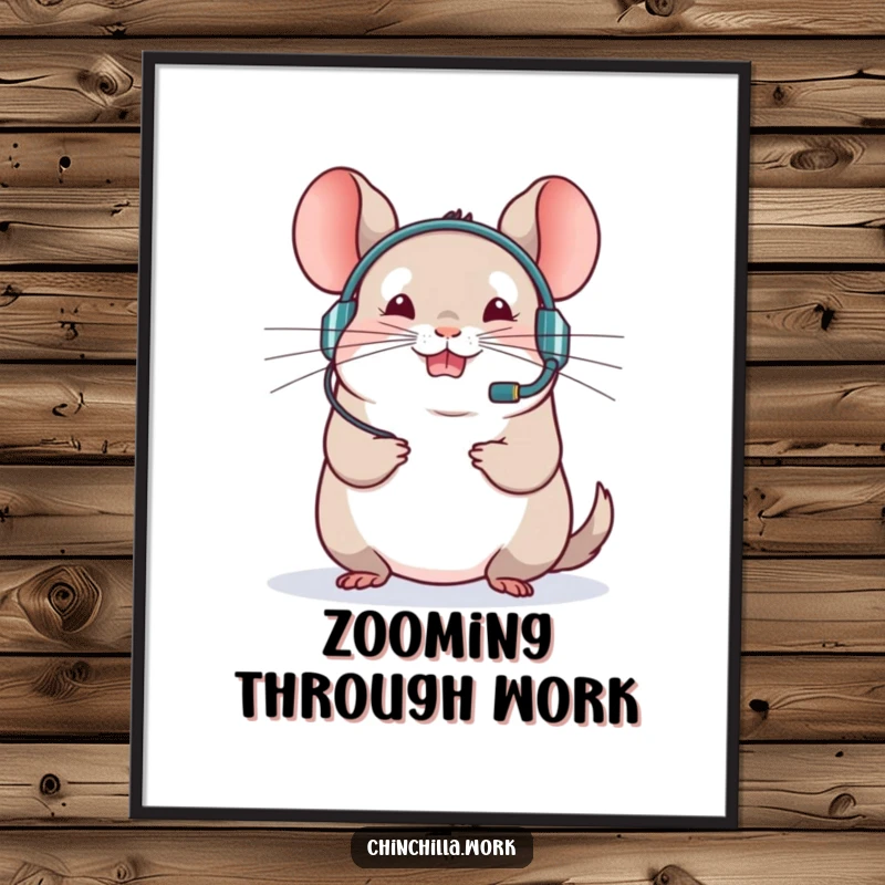 Funny chinchilla digital art print featuring a rodent in a headset leading a virtual meeting, perfect for virtual decor.