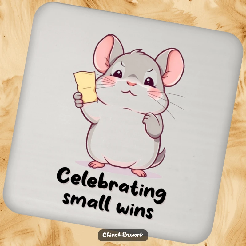 Funny office chinchilla drink coasters, triumphantly holding a paper shred, perfect for protecting surfaces with cute humor.