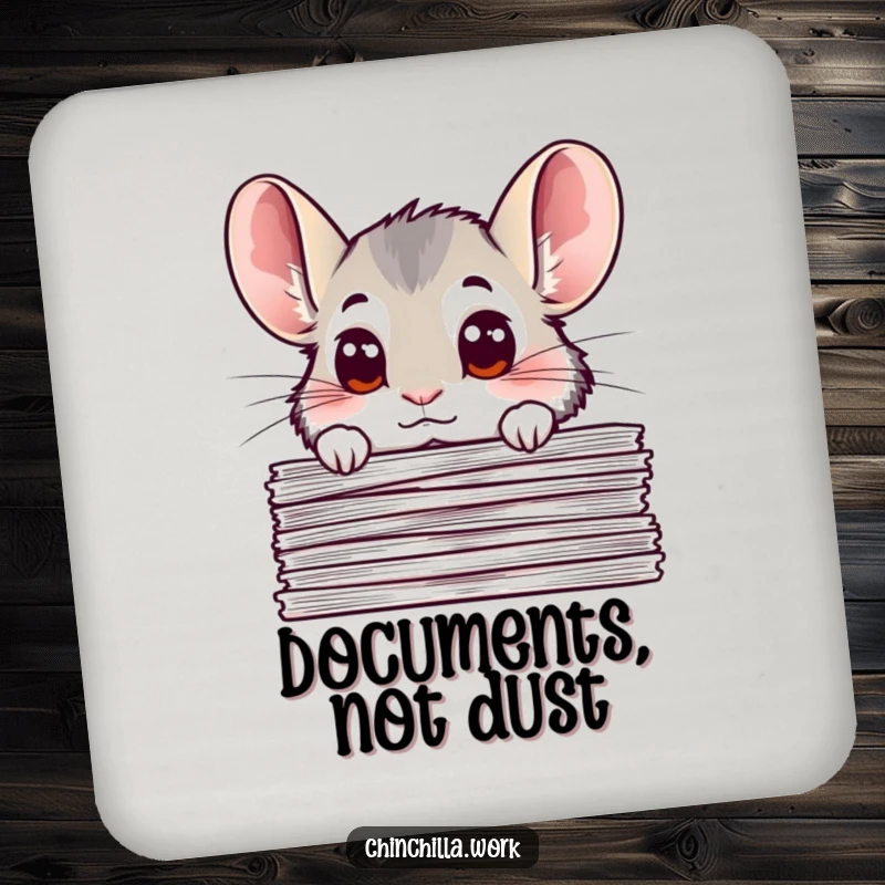 Funny chinchilla drink coaster featuring a chinchilla peeking with big, curious eyes from behind important documents, adding a humorous touch to tables.