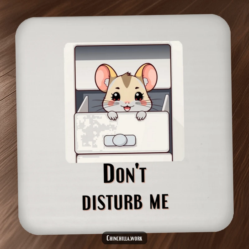 Funny Chinchilla Coaster: A chinchilla with a mischievous grin peeks from a filing cabinet drawer, guarding your surfaces with humor.