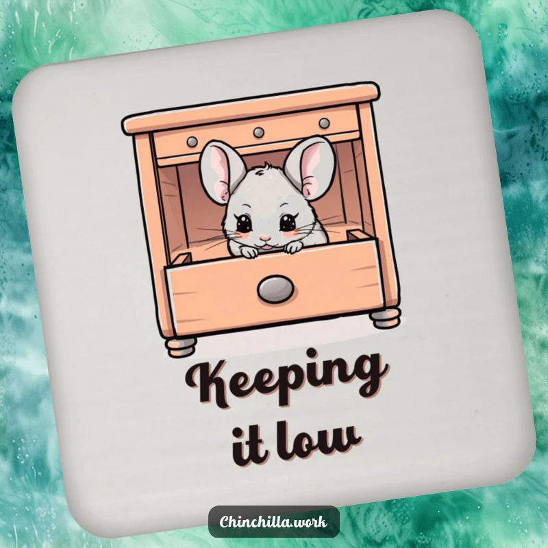 Funny Chinchilla Coaster featuring a chinchilla playfully hiding inside an open desk drawer, a humorous and functional accessory.