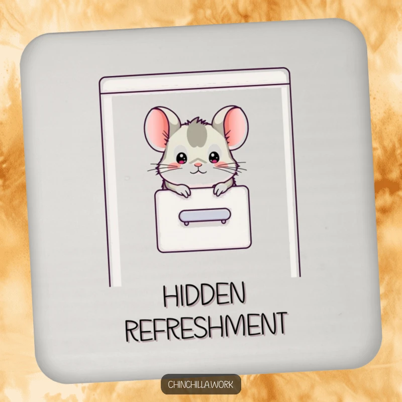 Funny chinchilla character peeking its head out of a filing cabinet, printed on a coaster for humorous desk protection.