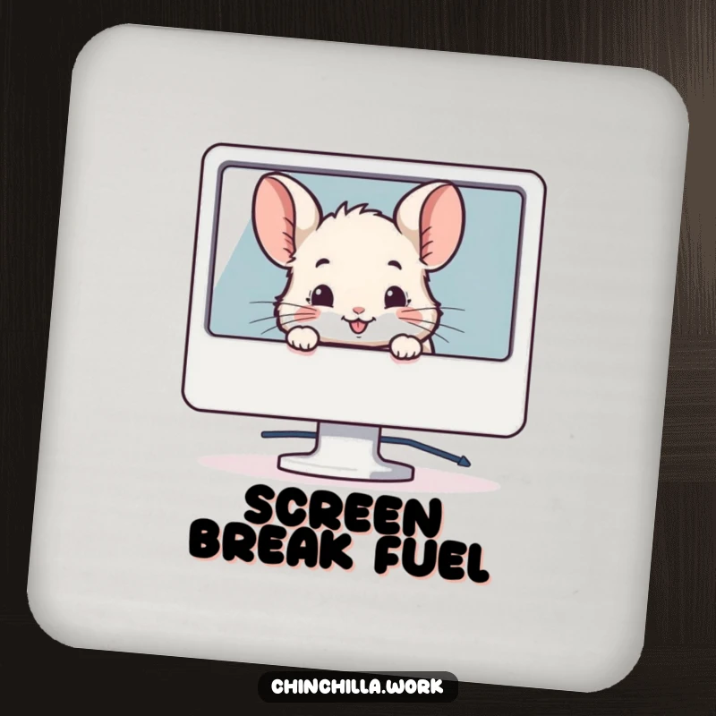 Funny drink coasters featuring a chinchilla peeking from behind a computer monitor with a smile, perfect for tech desks.