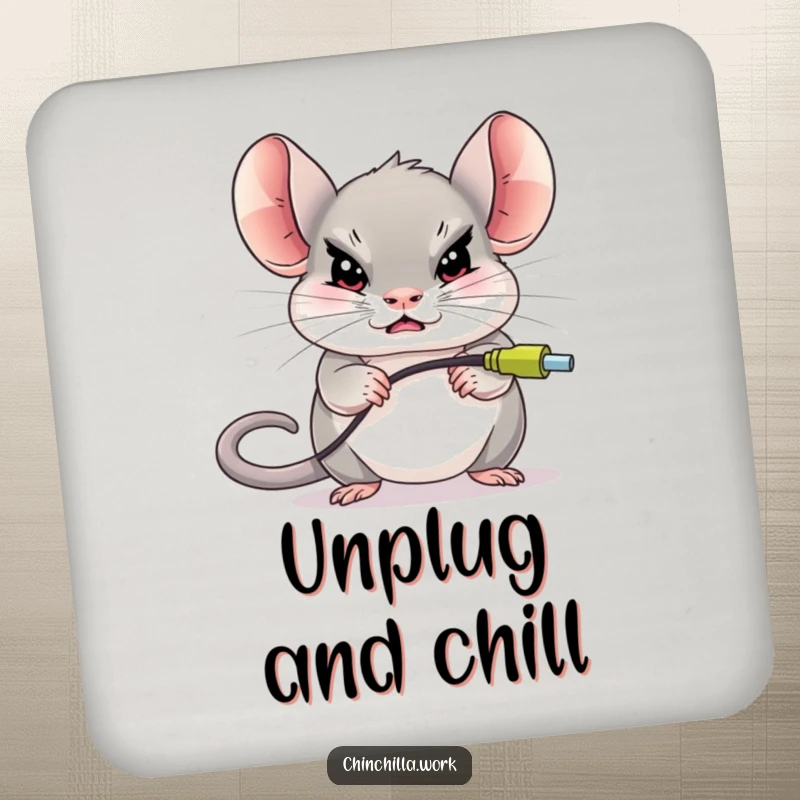 Funny chinchilla character determinedly unplugging a giant computer mouse, printed on a coaster for tech-themed protection.