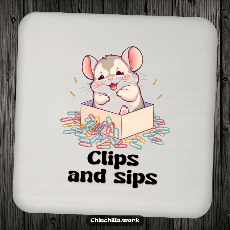 Funny Chinchilla Coaster featuring a chinchilla joyfully rolling in a spill of paperclips, a humorous and functional accessory.