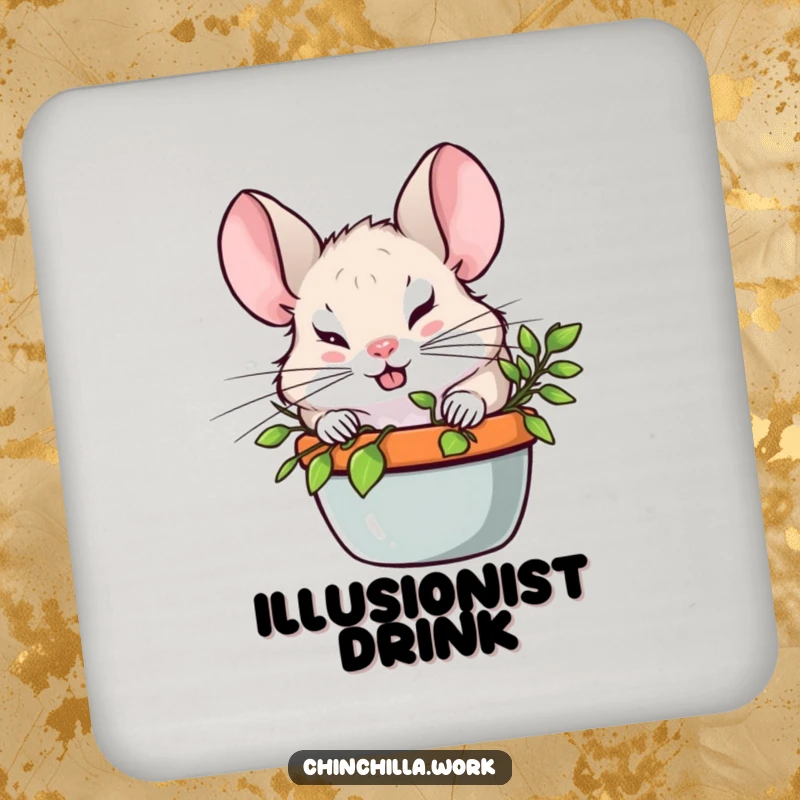Funny Chinchilla hiding behind a plant on a drink coaster, its mischievous grin adding a playful touch.