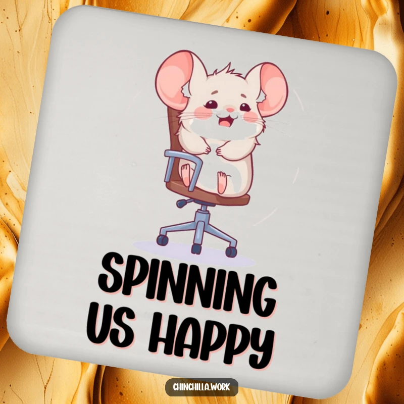 Funny chinchilla coaster depicting a rodent spinning wildly on an office chair, protecting tables with humor and fun.