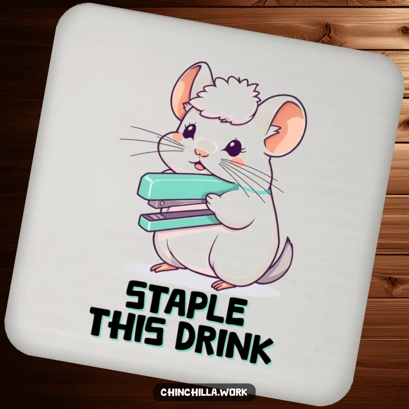Funny chinchilla character balancing a stapler on its fluffy head, printed on a coaster for humorous desk protection.