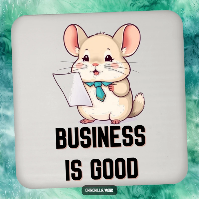 Funny chinchilla tie drink coasters featuring a character holding a report, adding professional humor to tables.