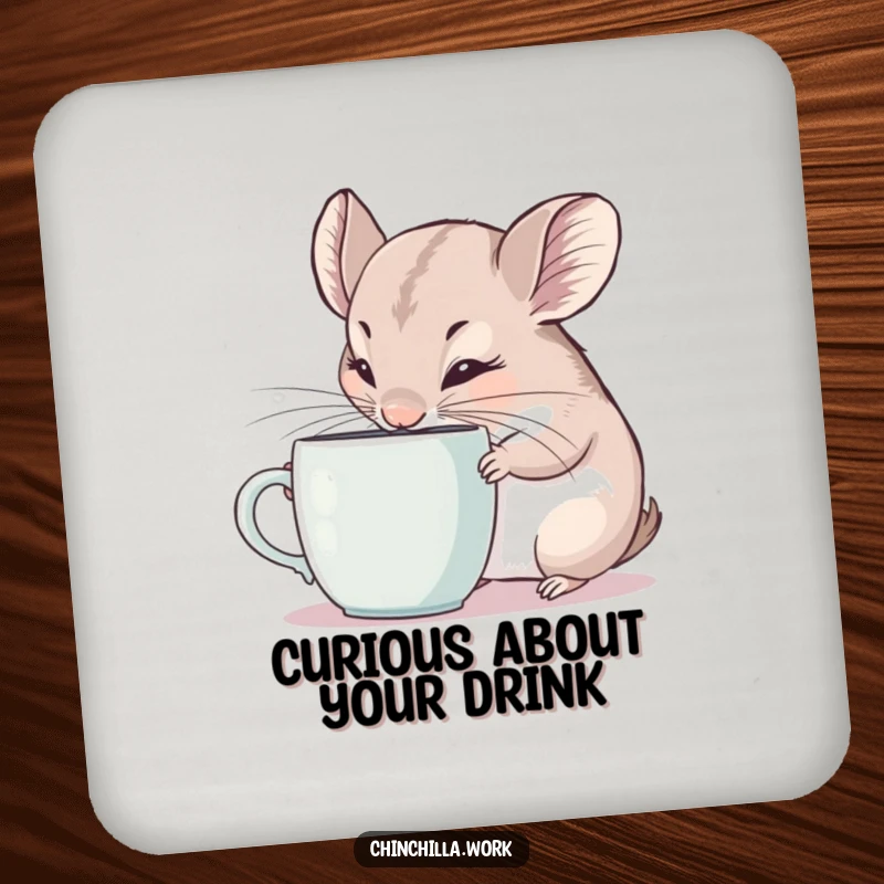 Funny Drink Coaster: Curious chinchilla intently sniffing a coffee mug, a humorous and protective tabletop accessory.