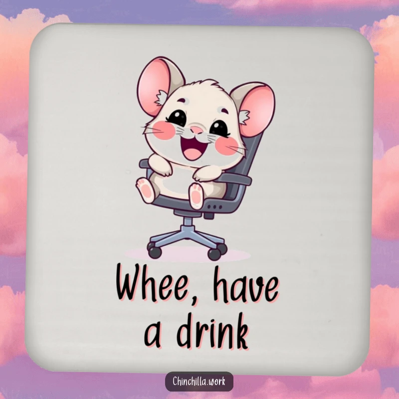 Funny kawaii chinchilla drink coaster showing a happy rodent sliding down an office chair, perfect for cute surface protection.