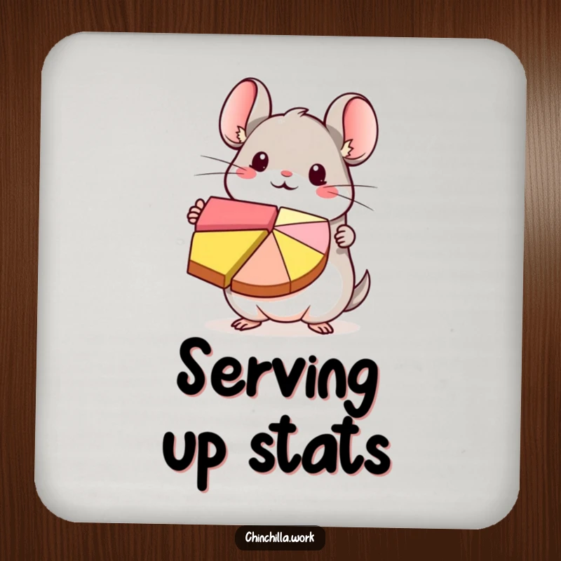 Funny kawaii chinchilla character presenting a colorful pie chart on a coaster, adding cute data flair to beverages.