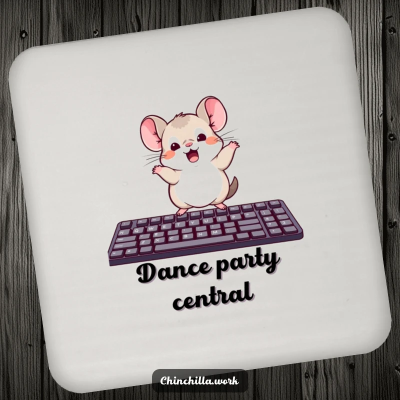 Funny drink coaster featuring a kawaii office chinchilla dancing on a keyboard, a charming and humorous accessory.