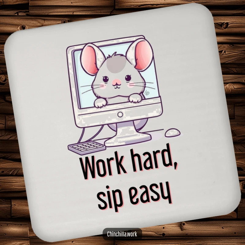 Funny drink coaster with a kawaii office chinchilla peeking from behind a computer monitor, adding cute office humor.