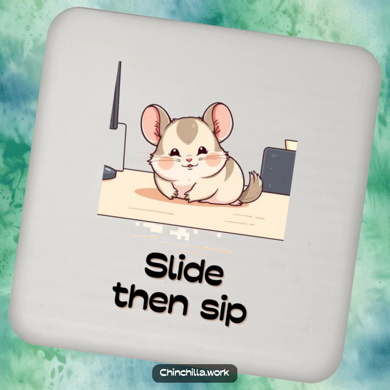 Funny sliding chinchilla drink coaster featuring a chinchilla comically gliding, perfect for protecting surfaces with humor.