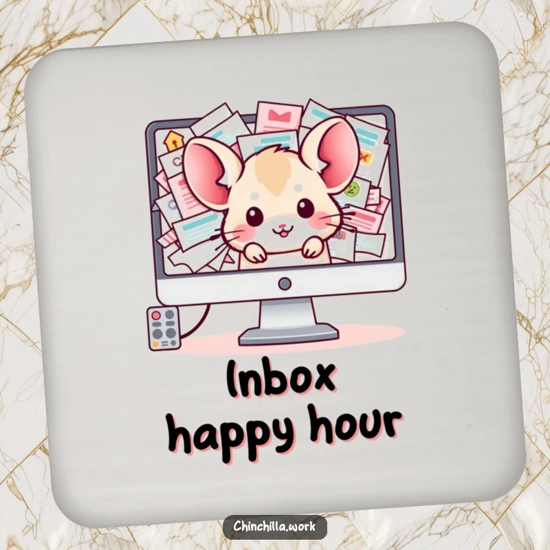 Funny Chinchilla Coaster: A kawaii office chinchilla peeks from a computer screen with a chaotic overflowing inbox, protecting surfaces.