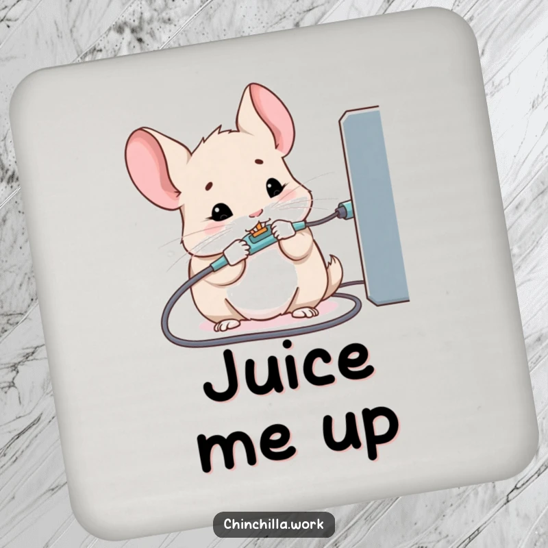 Funny drink coaster with a kawaii office chinchilla chewing a charging cable, protecting surfaces.