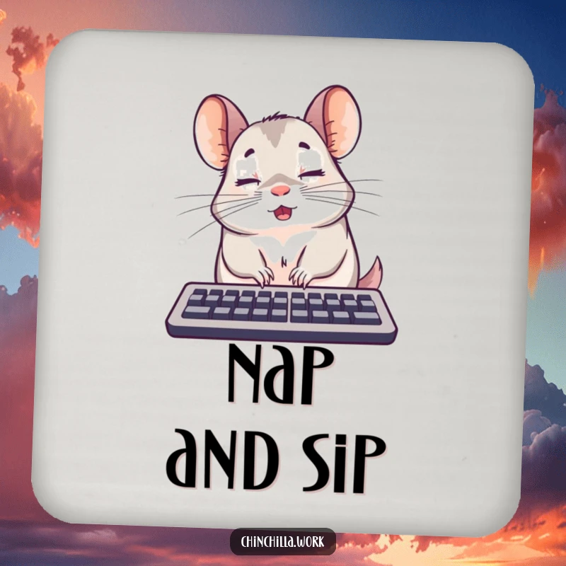 Funny surprised chinchilla keyboard coasters caught mid-nap, protecting surfaces with sleepy humor, a funny gift.