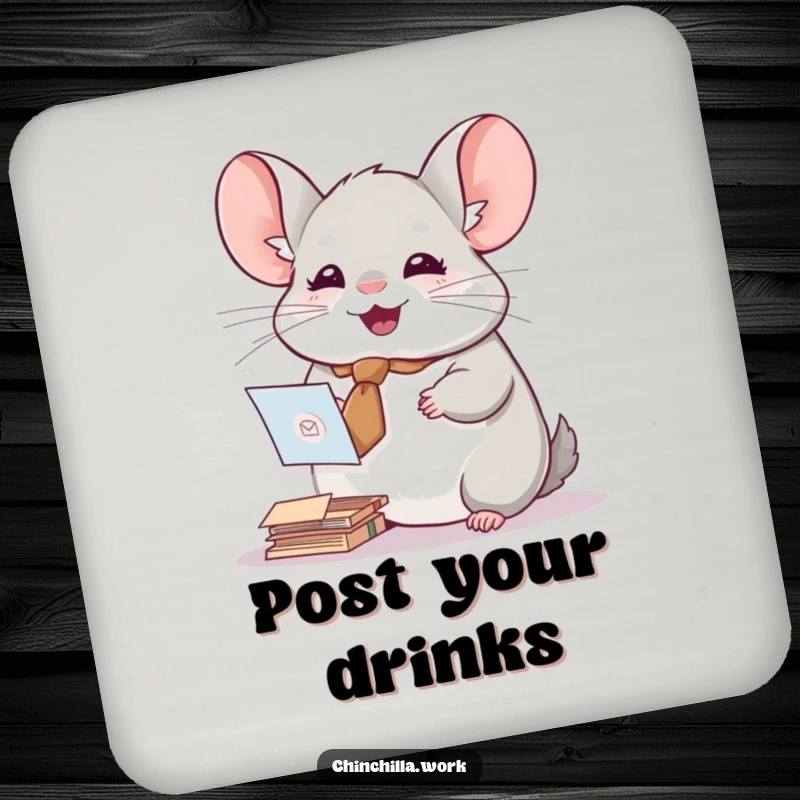 Funny drink coasters featuring a chinchilla with a tiny tie, joyfully sorting mail, perfect for protecting surfaces.