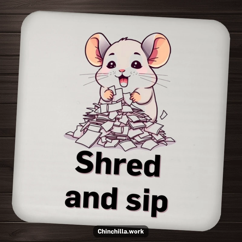 Funny chinchilla coaster showcasing a creature enthusiastically shredding important papers, a humorous and functional home accessory.