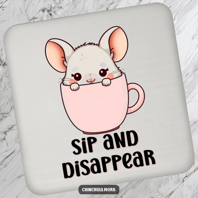 Funny office chinchilla drink coasters, hiding in a coffee mug with ears showing, perfect for protecting tables with cute humor.