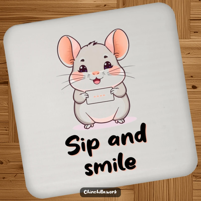 Funny Chinchilla Coaster: A chinchilla offers a tiny rolled message with a cheerful wiggle, adding a humorous and positive touch.