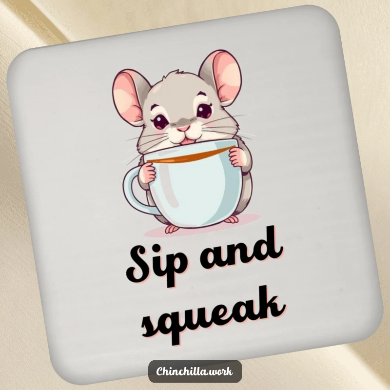 Funny chinchilla drink coaster featuring an alert chinchilla with an oversized coffee mug, protecting surfaces with humor.