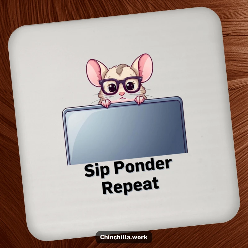 Funny Chinchilla Coaster with a chinchilla wearing reading glasses, peeking over a computer monitor, a smart and humorous accessory.