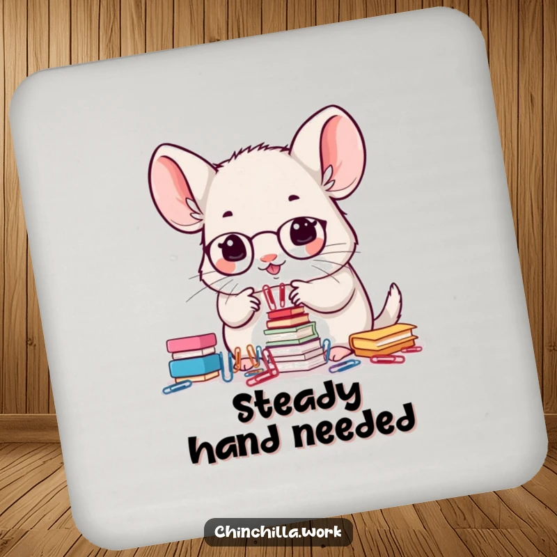 Funny drink coaster with a kawaii office chinchilla precisely stacking small paperclips, adding cute office humor.