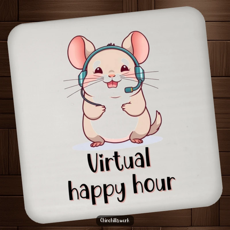 Funny chinchilla drink coaster showing a rodent in a headset leading a virtual meeting, perfect for office protection.