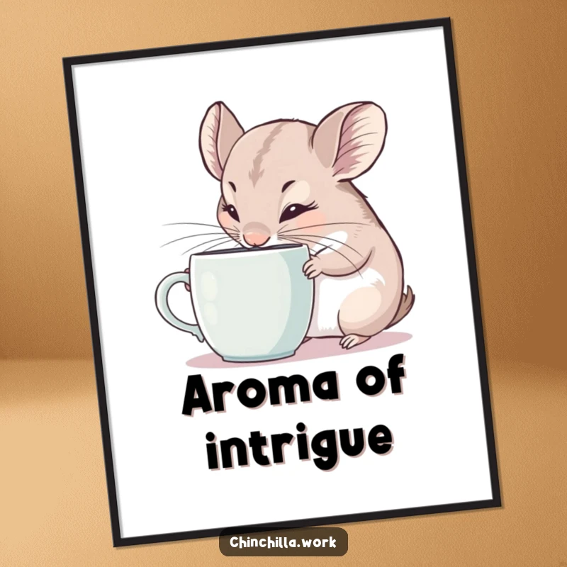 Funny Poster: Chinchilla with twitching ears intently sniffing a coffee mug, a humorous artwork for coffee enthusiasts.