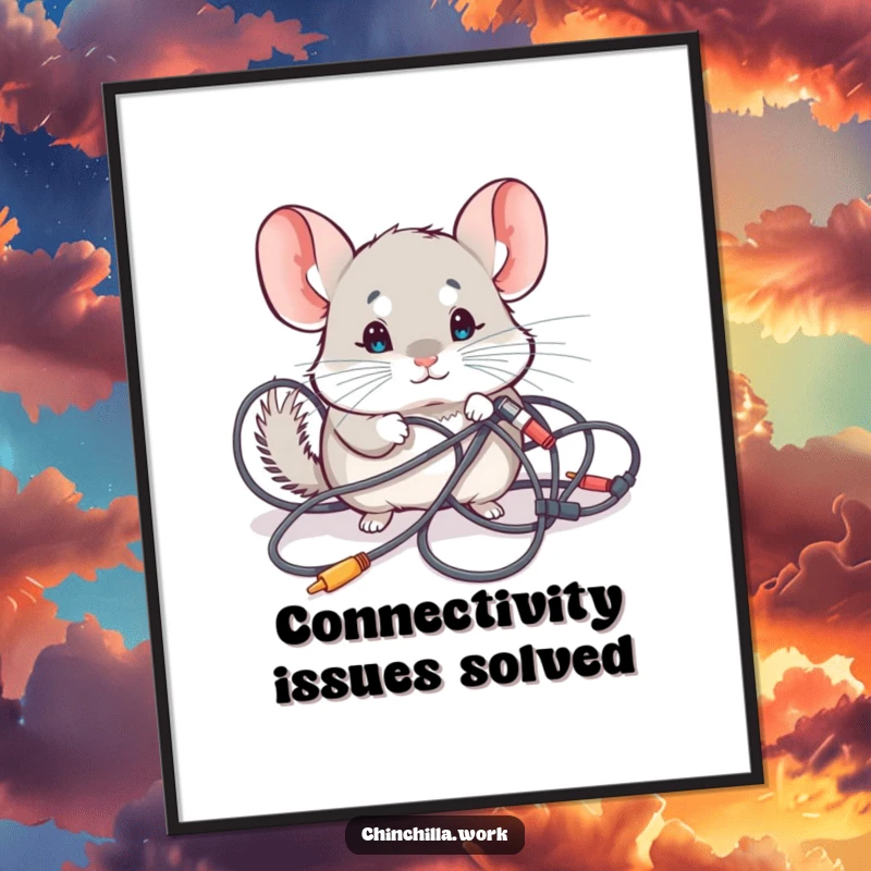 Funny Poster: A kawaii chinchilla curiously exploring a messy tangle of wires, perfect for humorous tech-themed decor.