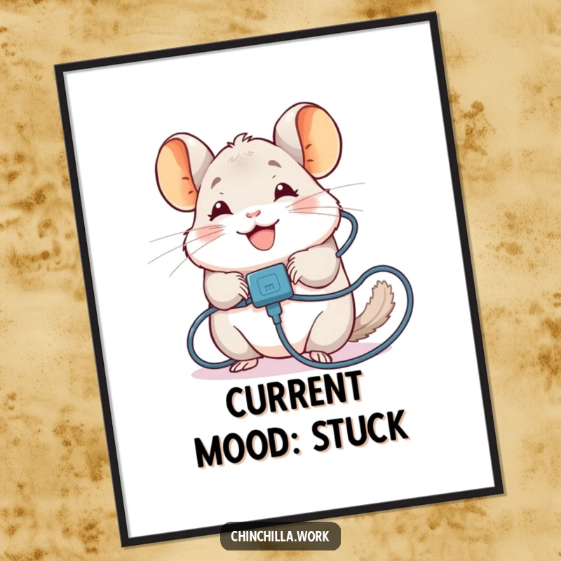 Funny Chinchilla Poster: A chinchilla comically tangled in a charging cable, smiling despite it all, funny art for any room.