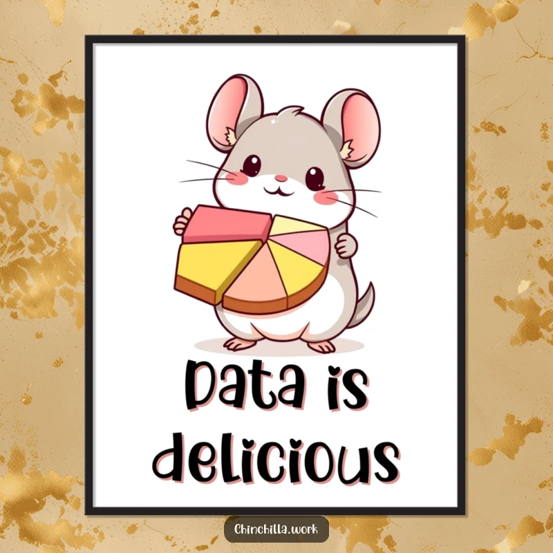 Funny kawaii chinchilla character enthusiastically presenting a vibrant, colorful pie chart, creating cheerful wall art.