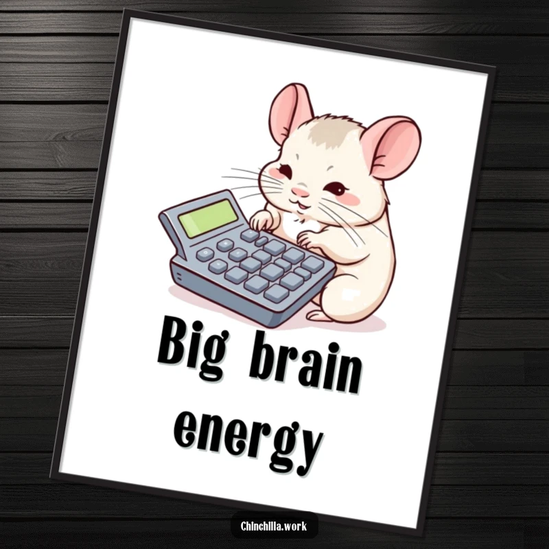 Funny chinchilla poster depicting intense concentration on a large calculator, ideal for humorous office wall art.