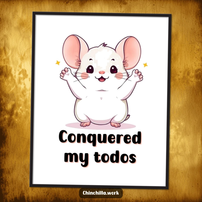 Funny chinchilla poster depicting a chinchilla with all four paws joyfully raised, celebrating the successful completion of a big project, perfect for motivation.