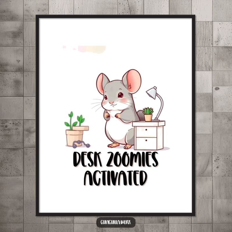 Funny Chinchilla Poster: A chinchilla joyfully hops at a miniature desk, exuding productive energy and humorous charm.